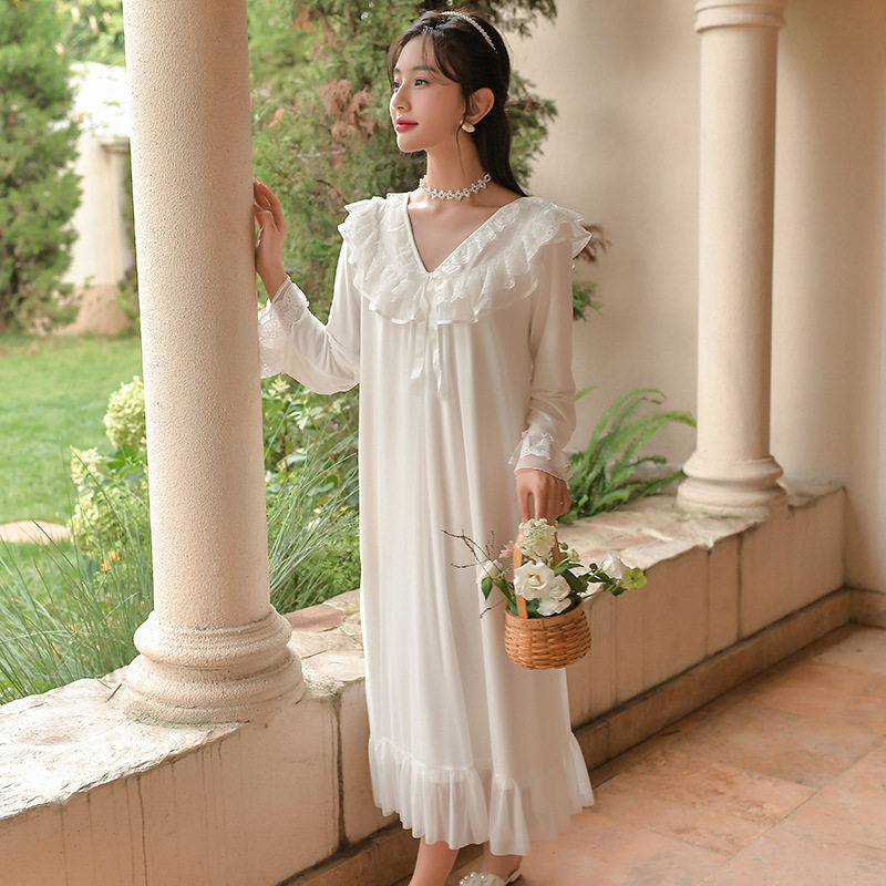 蕾丝睡裙女秋季长袖长款甜美仙女宫廷公主风性感法式莫代尔睡衣