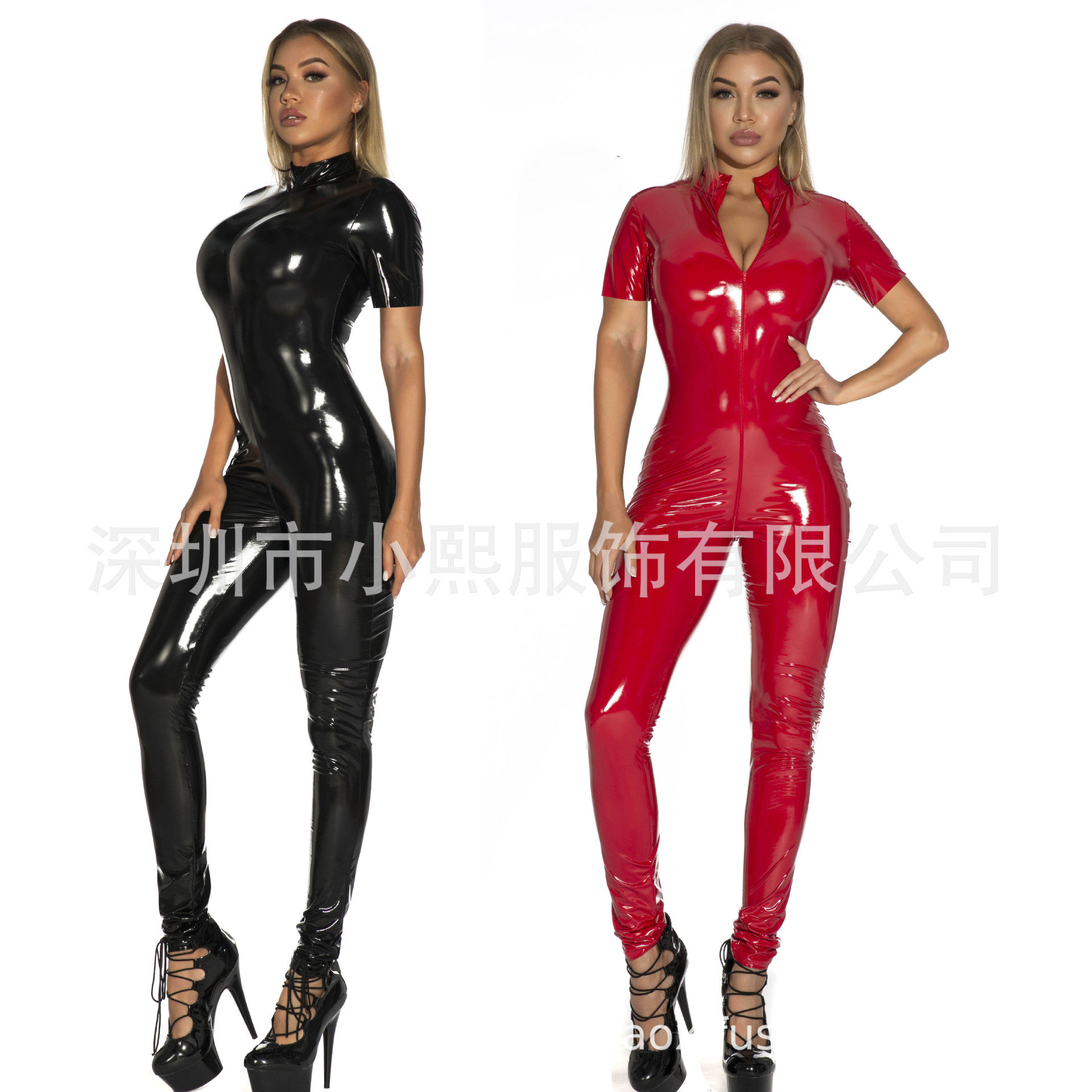 油亮漆皮PU皮革镜面爆款内衣女 短袖拉链过裆夜店连体皮衣S-5XL