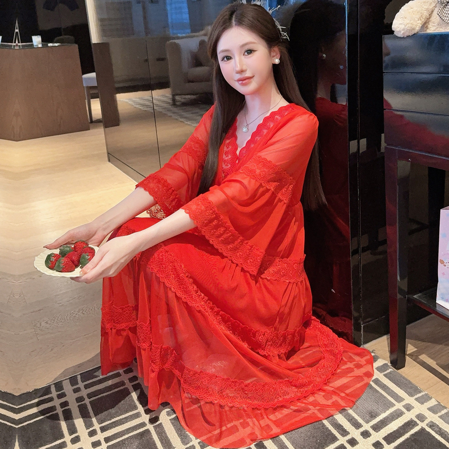 凌蕾夏季纯色蕾丝蝴蝶结网纱宫廷公主风中长睡裙睡衣家居服女