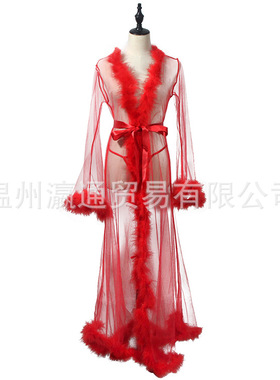 lingerie fur robes 透明睡袍毛边网纱长袍 女士性感爆款确定内衣