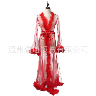 lingerie fur robes 透明睡袍毛边网纱长袍 女士性感爆款确定内衣