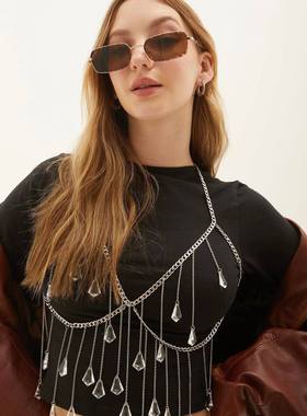 FB3475欧美body chain透明水晶宝石挂坠流苏链胸链腰链腿链身体链