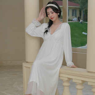 睡裙女秋季莫代尔网纱甜美蕾丝带胸垫长袖睡衣性感高级感家居服