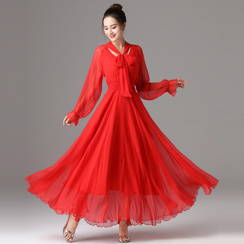 春秋长裙新款气质通勤锦丝皱长裙纯色大红V领套头收腰大摆连衣裙