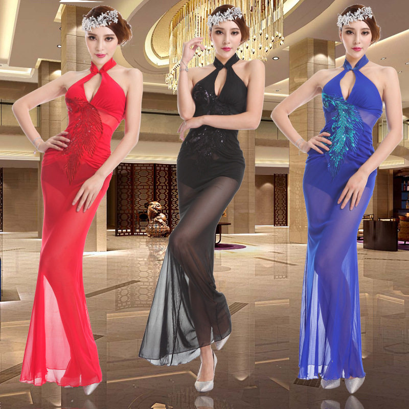 夜总会KTV小姐性感透诱惑视装桑拿技师服 长款夜店挂脖旗袍连衣裙