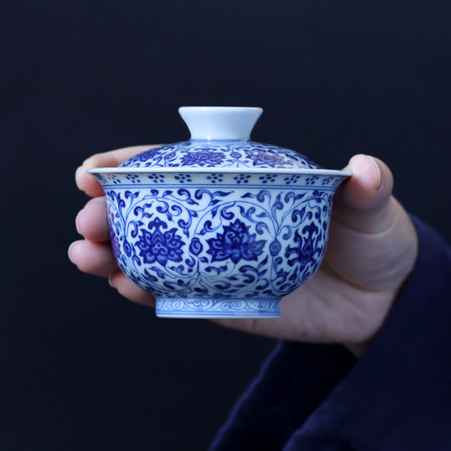 民间艺人二才盖碗手绘青花釉下彩