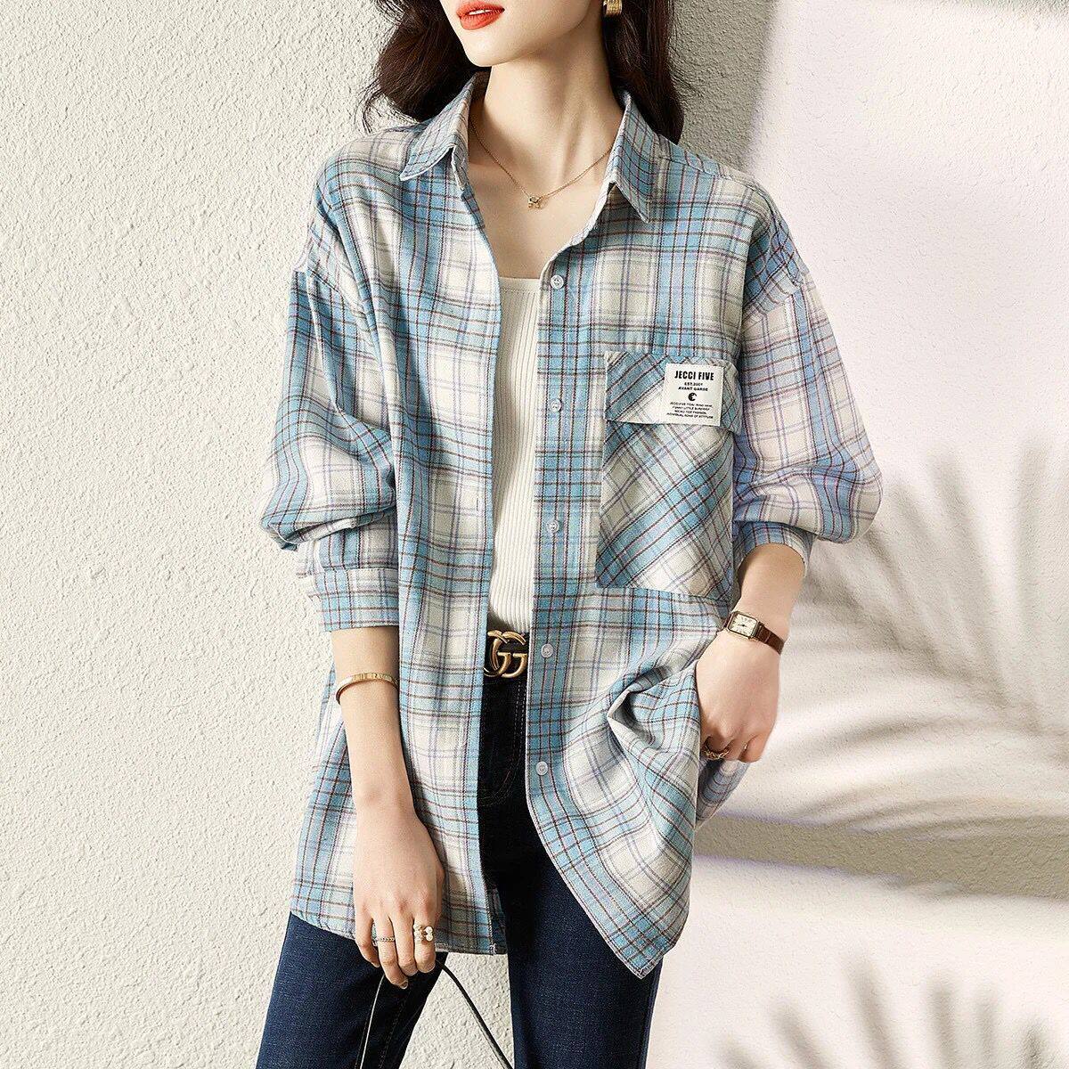 正品哥家女装2026年春季宽松口袋中长款显瘦长袖衬衫女格子上衣女