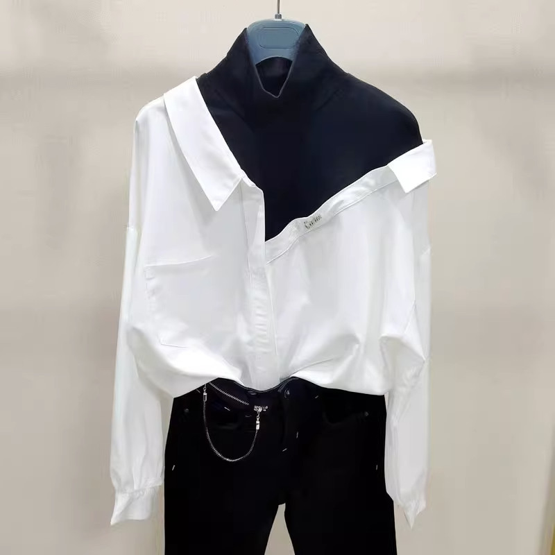 正品哥家女装2025年春秋季新款宽松显瘦拼接白色假两件长袖衬衫