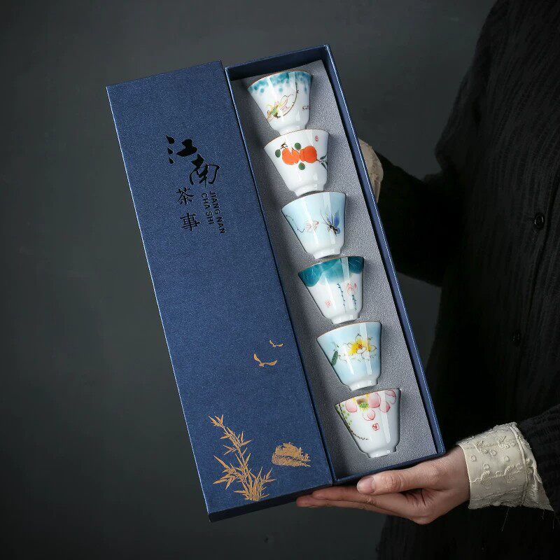 中式手绘釉下彩主人杯6只礼盒