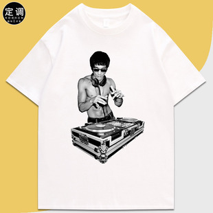 李小龙打碟趣味圆领休闲印花流行设计师青春美式创意短袖T恤潮DJ
