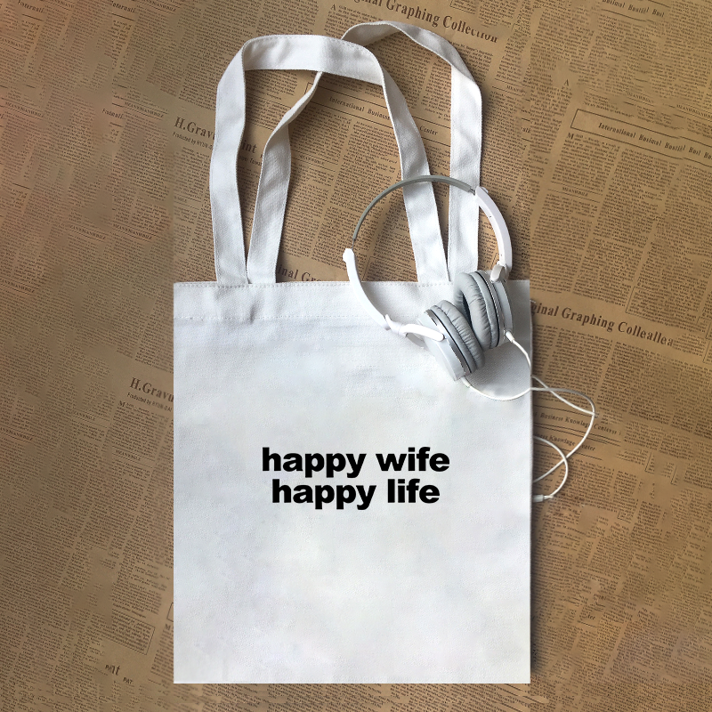 happy wife happy life小众设计感情侣夫妻礼物创意字母帆布包
