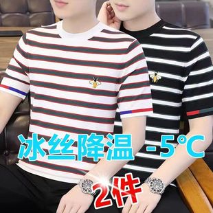 男士短袖t恤夏季冰丝上衣打底衫条纹体恤半袖大牌回撤个性百搭衣T