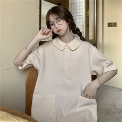 Real photo 2021 summer new polo collar short sleeve T-shirt women's Lapel medium length solid color top