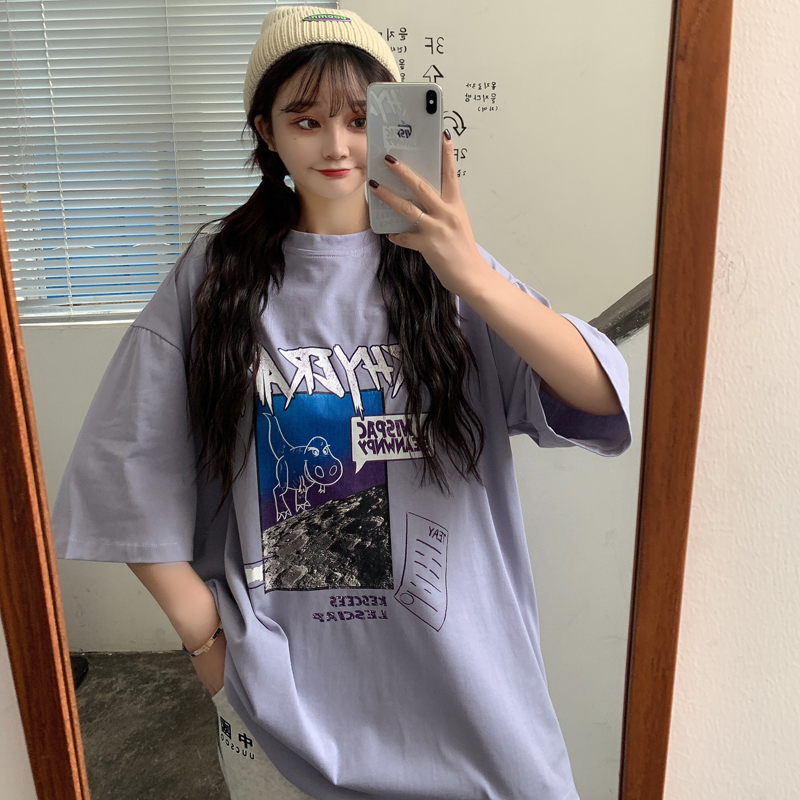實拍夏裝新款圓領印花大版超火寬鬆短袖中長款恤棉