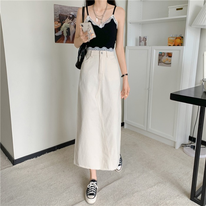 實拍 夏裝新款顯瘦百搭白色牛仔高腰A字中長款長裙半身裙女