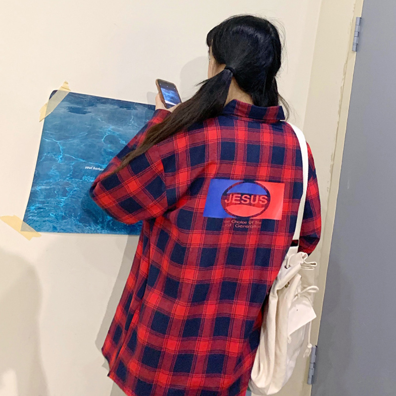 Real shot spring Korean version loose and versatile Plaid cardigan shirt long sleeve 3-color printing