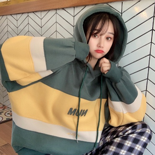 Korean new style simple loose stitching letter embroidered thin hooded jacket and sweater woman