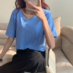 Real photo ~ summer casual loose short sleeve T-shirt with solid color top cotton