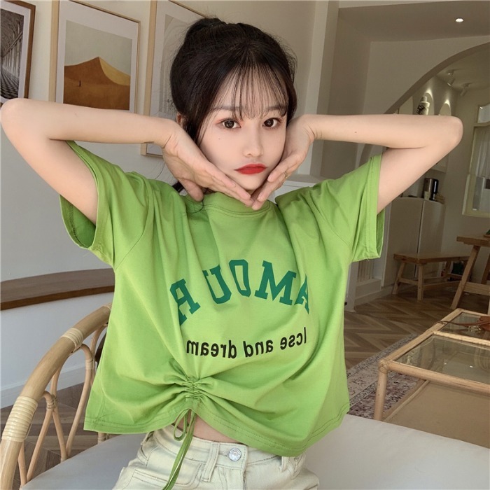 Real shooting of new summer clothing college style printed letter short top short sleeve T-shirt women's cotton