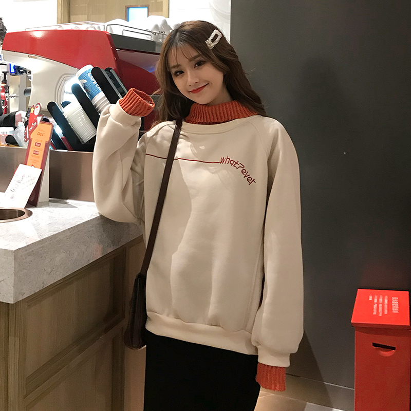 Real shot autumn dress new Korean loose fake two piece high collar top with plush thickened sweater