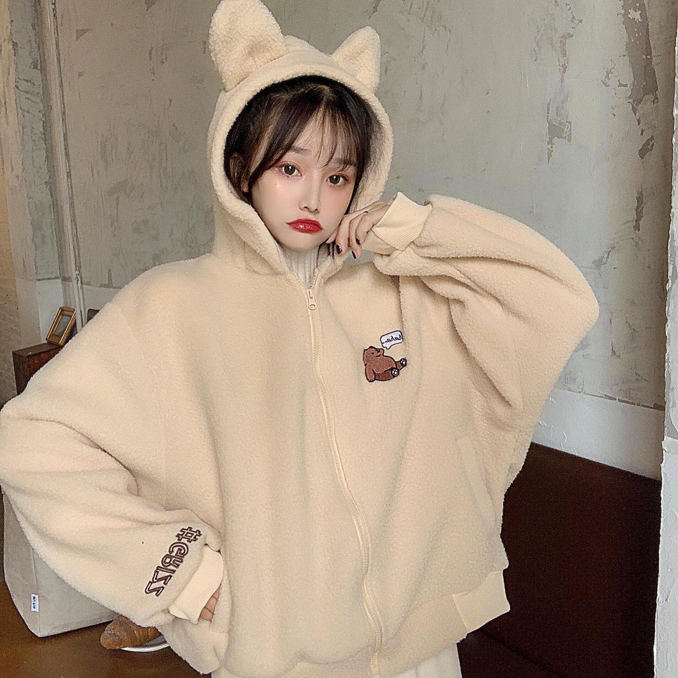 Real shot winter age reduction lovely ears hooded thickened Cashmere Wool Jacket Women's top