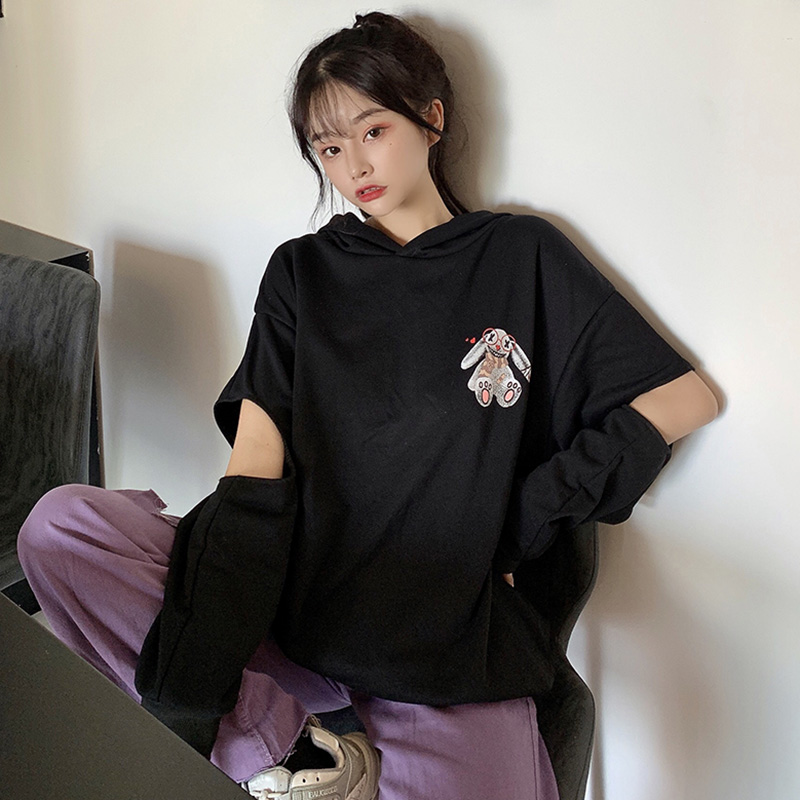 Real photo 2021 spring dress Korean version versatile student funny cartoon rabbit loose hooded Pullover T-shirt girl