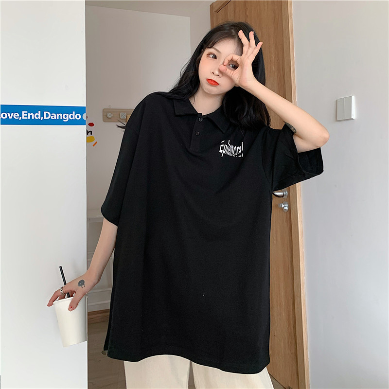 Real shot 2021 new summer clothing academy style polo collar letter short sleeve large versatile T-shirt blouse