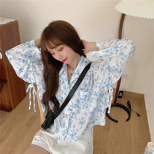 Real shot autumn dress retro lace up sweet floral suit Lapel Shirt Short linen 100% polyester