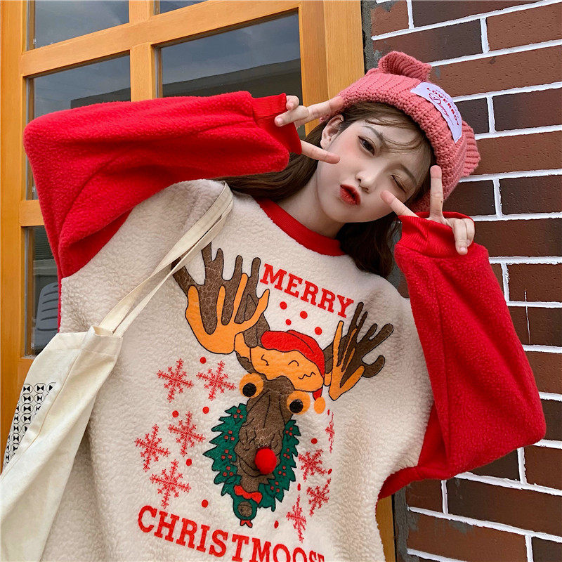 Korean version of INS Christmas elk thickened sweater women's loose lamb hair color contrast long sleeve top fashionable