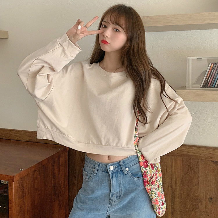 Real shot spring new Korean round neck sweater thin student solid color long sleeve top fish scale
