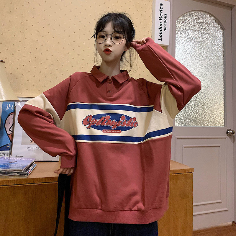 Korean version of real shooting autumn clothes, simple letters, casual color contrast splicing polo shirt, long sleeve sweater, fish scale