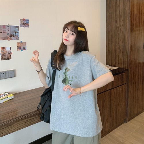 Real shooting of new summer clothing academy style letter cartoon printed half sleeve top medium length short sleeve t-shirt female