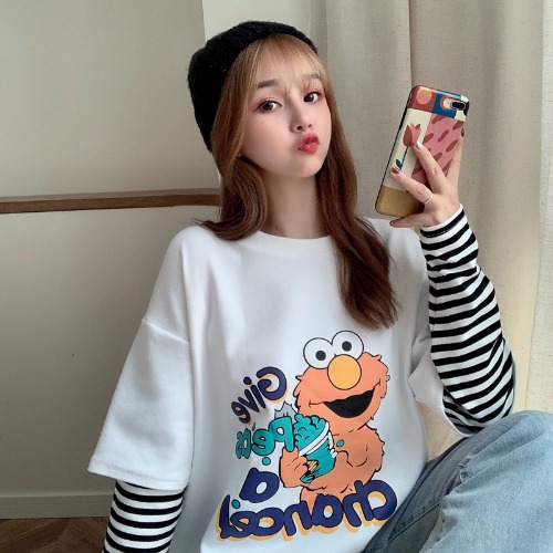 Real photo 2021 spring new Korean loose thin fake two long sleeve T-shirt striped blouse
