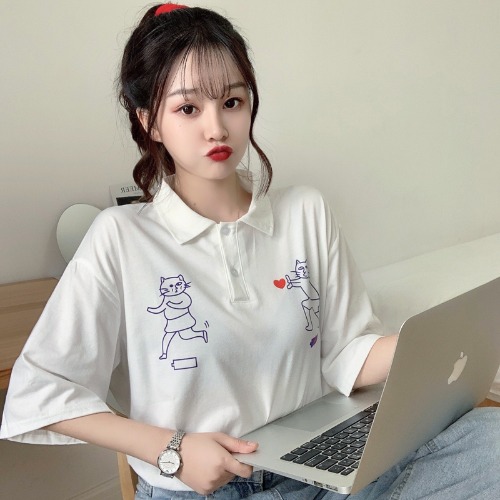 Real shot ~ 2021 summer new academy style cute cat print loose Lapel button t-shirt female
