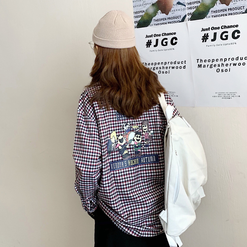 Real shot spring Korean version loose and versatile Plaid cardigan shirt Hong Kong Style Long Sleeve 3-color printing grid