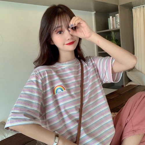 Real photo 2021 new summer clothing college wind stripe medium length Rainbow Stripe embroidery short sleeve T-shirt