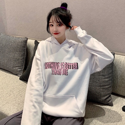 Real shot spring Korean version versatile simple printing letter thin hooded loose T-shirt women's fish scale cloth