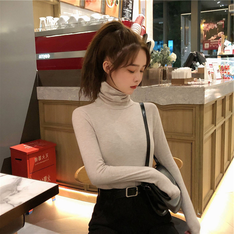 Real autumn new Korean college style solid color high collar bottom shirt women's Long Sleeve T-Shirt Top