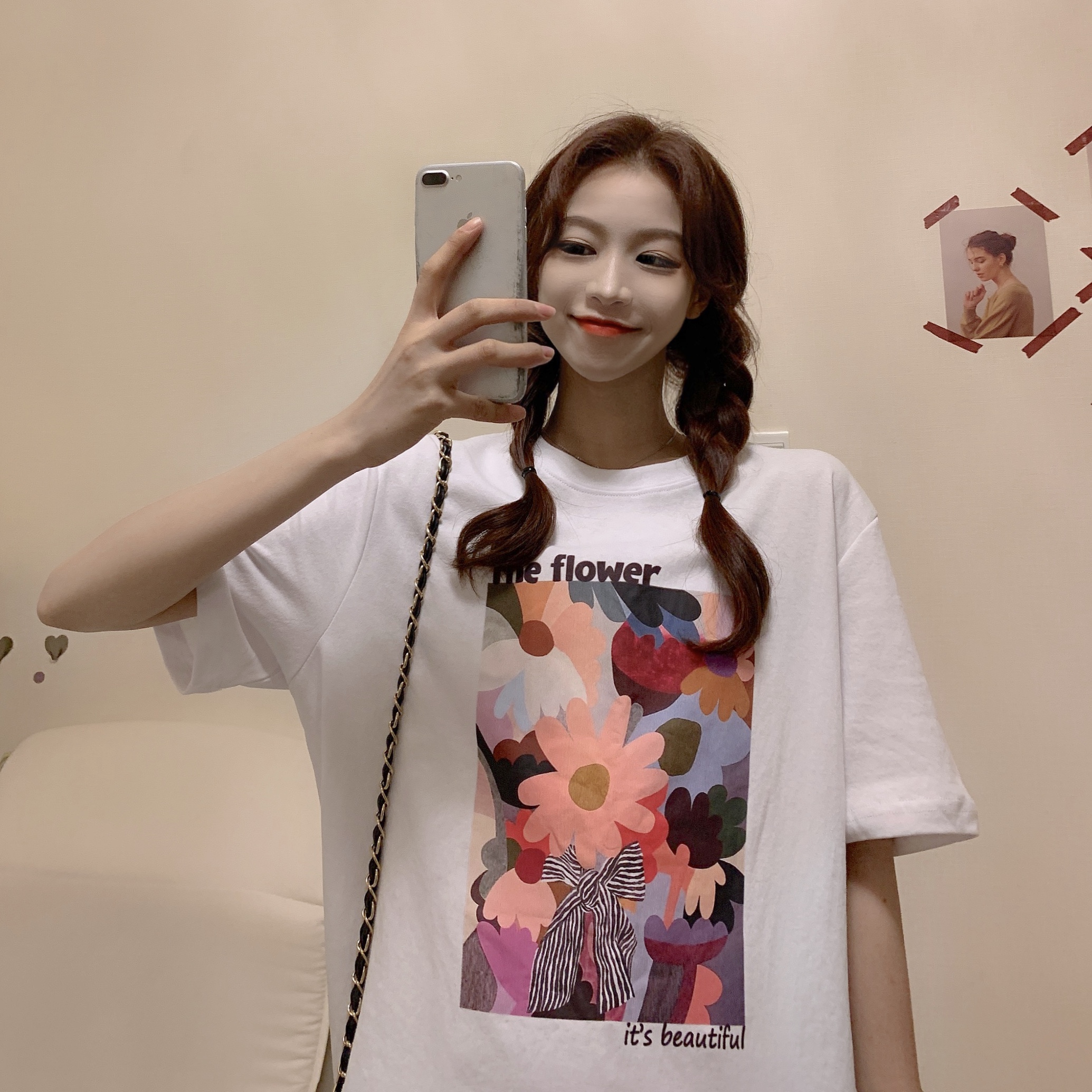 Design of new summer clothes in real shooting small group casual flower print letter round neck short sleeve T-shirt