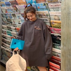 Real shooting of autumn dress new style college style cartoon thin striped pine embroidered long sleeve T-shirt women's cotton