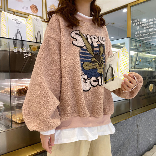 Real photo, real price, autumn and winter, new Korean cartoon sweater, women's loose fit, lamb hair, plush and thickened