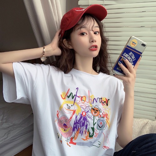 Real photo 2021 new summer simple cartoon graffiti print half sleeve medium long short sleeve T-shirt