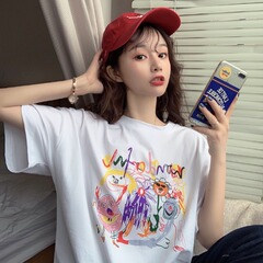 Real photo 2021 new summer simple cartoon graffiti print half sleeve medium long short sleeve T-shirt