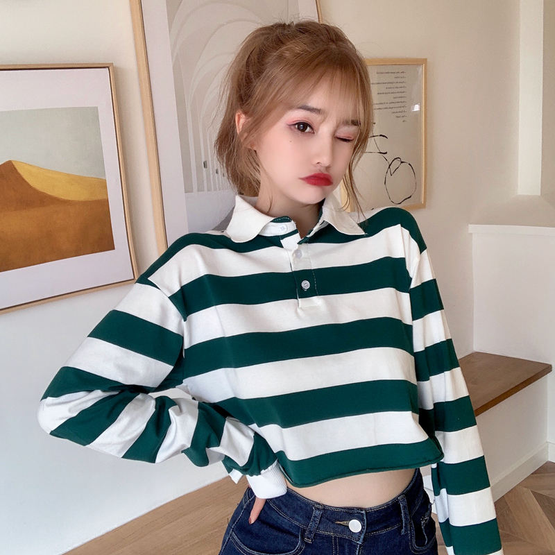 Real shot spring new Korean polo collar, elegant style, bellybutton, short striped T-shirt, female