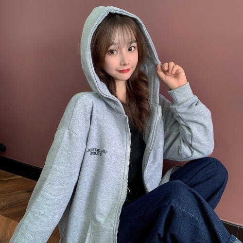 Real photo of 2021 spring Korean Edition versatile simple printing letter thin zippered cardigan hat for women