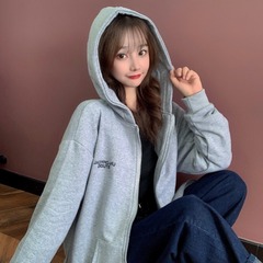 Real photo of 2021 spring Korean Edition versatile simple printing letter thin zippered cardigan hat for women