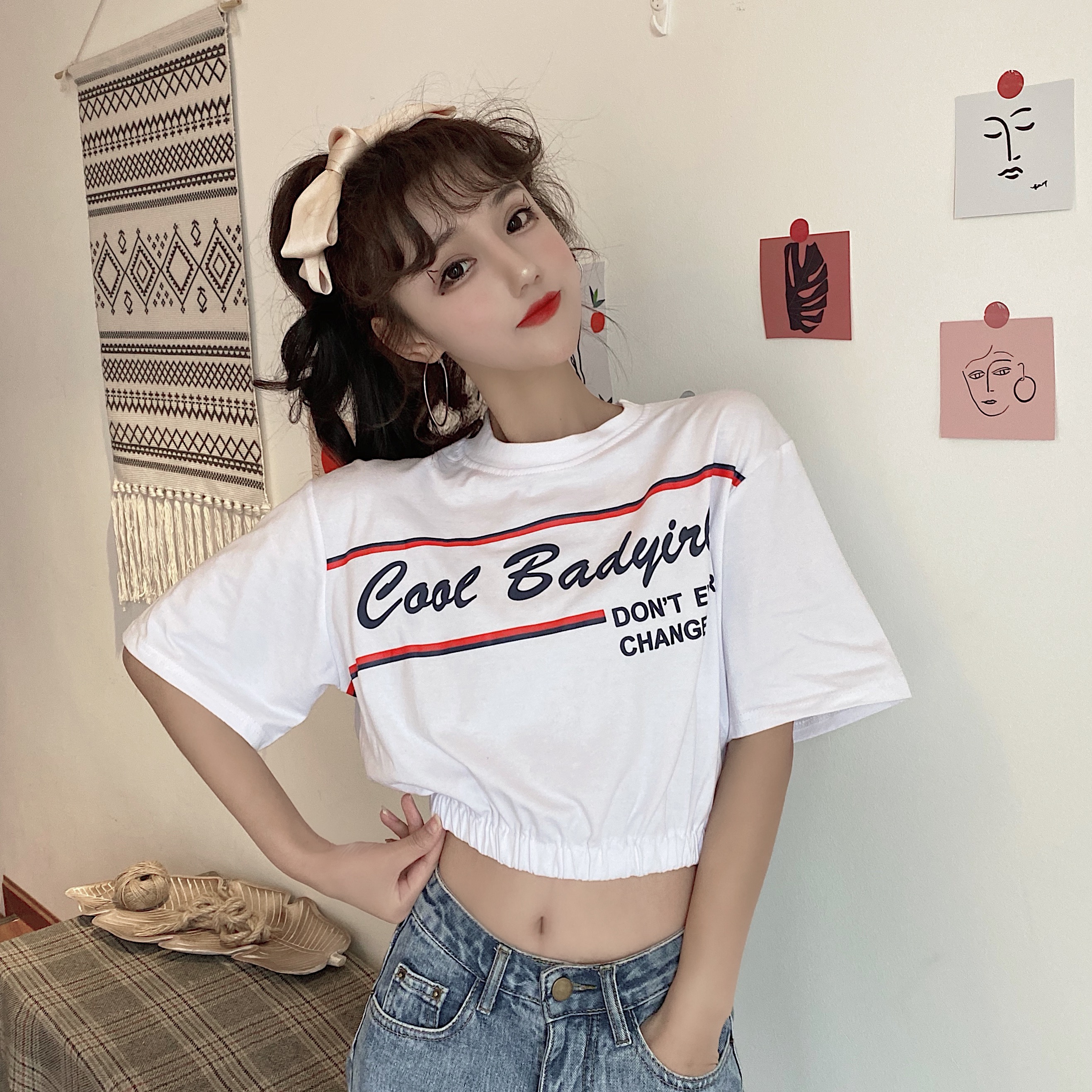 Real shot of new summer clothing college style printed letter high waist leaky navel top open navel short t-shirt female