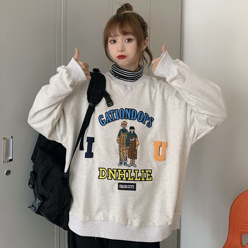 New style cartoon heavy industry embroidery Plush thickened sweater women's 13% cotton plush 270g