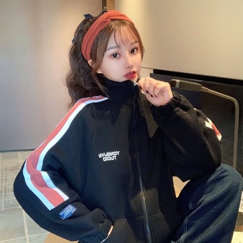 Real picture new simple letter Hoodie loose solid sleeve color collage cardigan zipper thin sanitary women