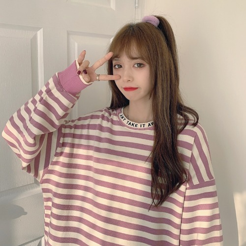 Real photo 2021 autumn new Korean stripe fake two thin t-shirt female Fishscale cotton